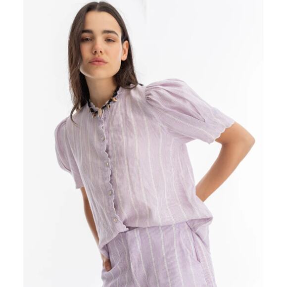 Tuckernuck LANHTROPY 100% Linen Scallop Blouse Striped Puff Sleeve Shirt Top - Picture 15 of 15